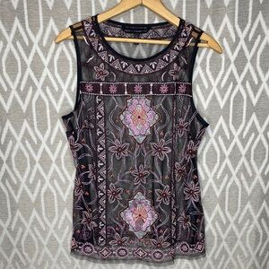 White House Black Market Sheer Floral Embroidered Top - Black and Pink Size:Lg